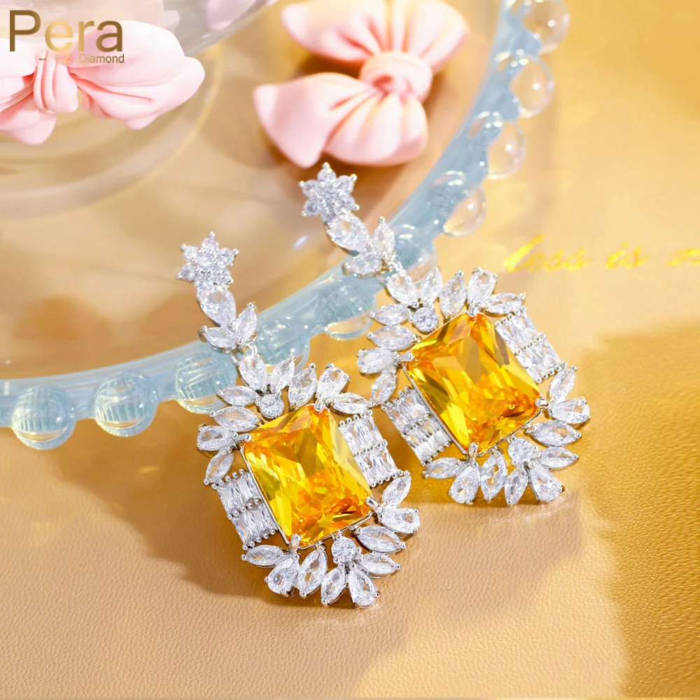 

Pera Excellent Quality Yellow White Cubic Zirconia Long Dangle Square Drop Earrings for Banquet Party Women Dress Jewelry E015