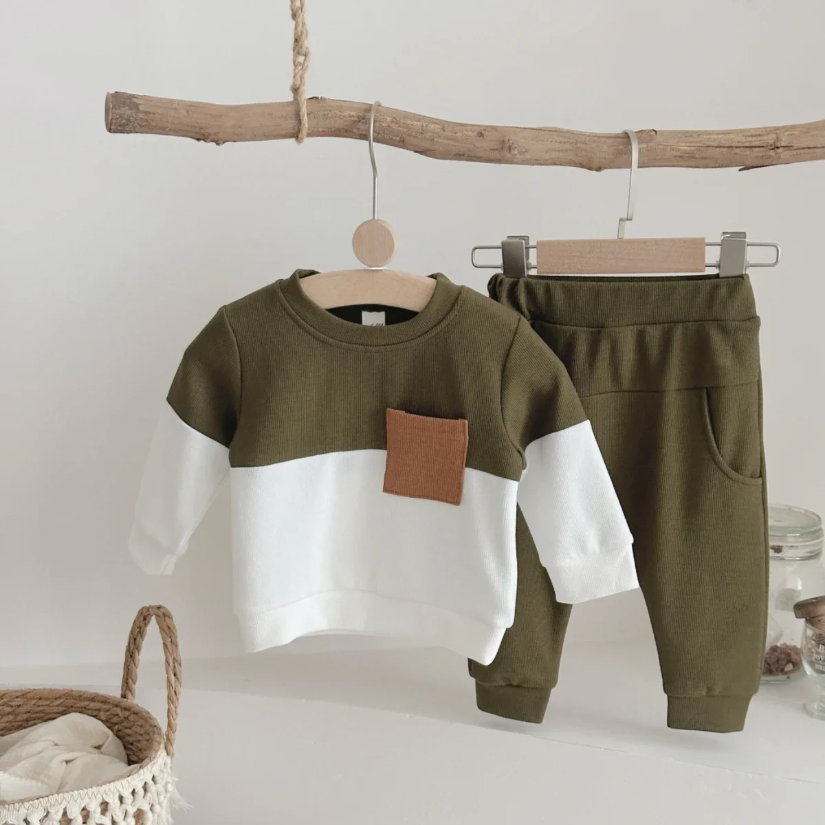 Newborn Waffle Knit Clothes Set Baby Boys Color Block Long Sleeve Top & Jogger Pants 2Pcs Outfit 4