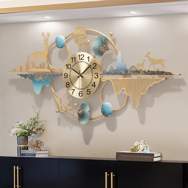 Modern Wrought Iron Ginkgo Leaf Landscape Deer Wall Clock Study Room Sticker Crafts Home Background Hanging Decoration