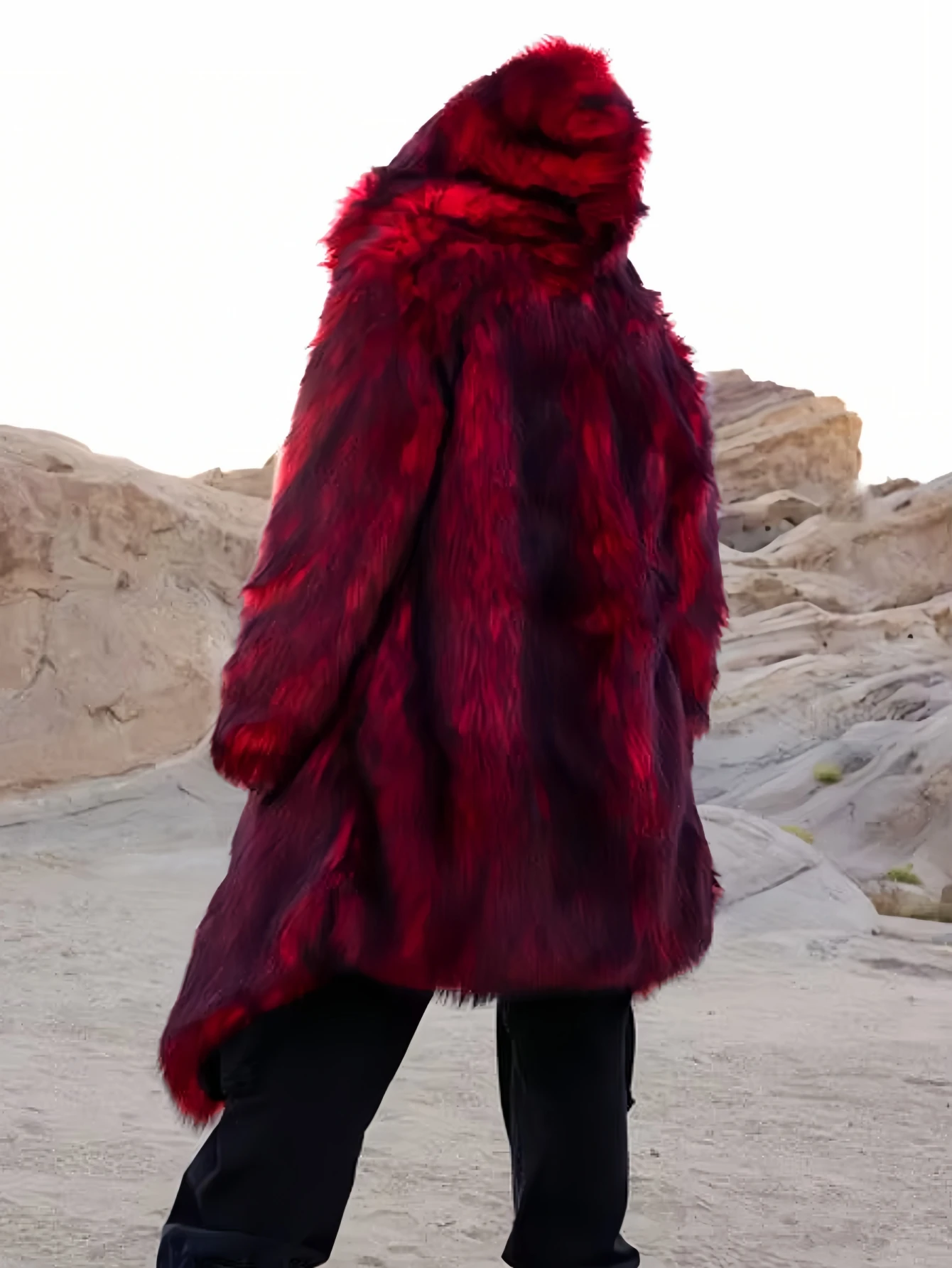 معطف خريف/شتاء طويل دافئ منفوش من الفرو الصناعي معطف أحمر للرجال بأكمام طويلة عالي الجودة معطف منفوش فاخر