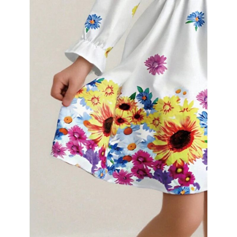 2025 Girls' Long Sleeve Colorful Floral Print Dress - Bohemian Elegant Medium Dress, Perfect for Parties and Everyday Wear