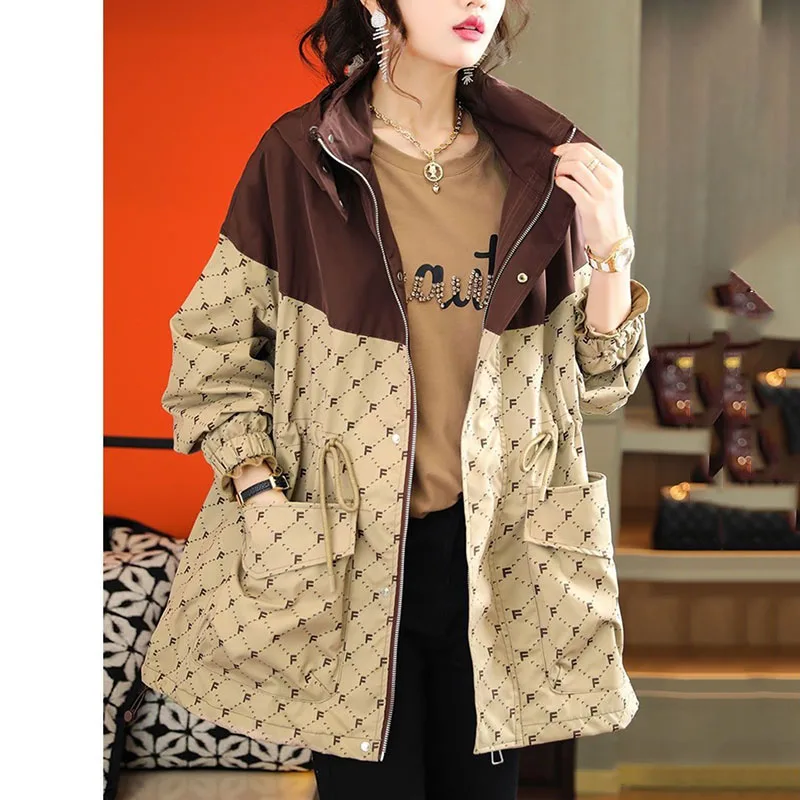 

Spring And Autumn 2024 Long Contrasting Letter Hooded Zipper Coat New Ladies' Windbreaker Versatile Loose Trend Leisure Coat