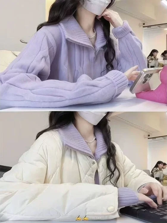 

Свободный вязаный открытый кардиган, женский мягкий уютный свитер, осень-зима, новый фиолетовый топ с высоким воротником на молнии