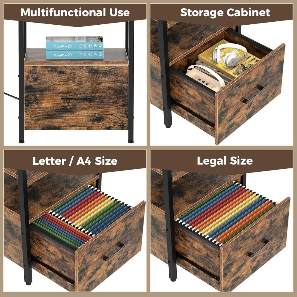 Computer Desk with File Drawer, 64" L Shaped Desk with Power Outlet & LED Strip, L Shaped Corner Desk with File Cabinet, Home O