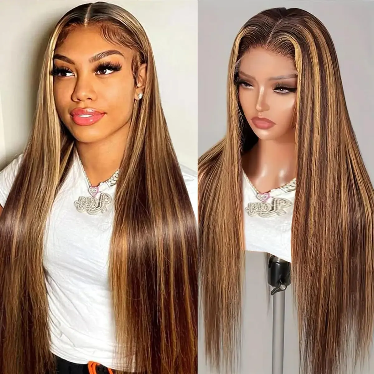

30 Inch Highlight Ombre Lace Front Wig Human Hair 13x4 HD lace Frontal Honey Blonde Straight Wigs Pre Plucked 4/27 200 Density
