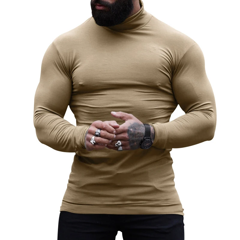 Autumn Men's High Neck Sweater T-shirt Slim Fit Fashion Sweatshirts Elastic Long Sleeve Casual Breathable Pullover Clothing Tops