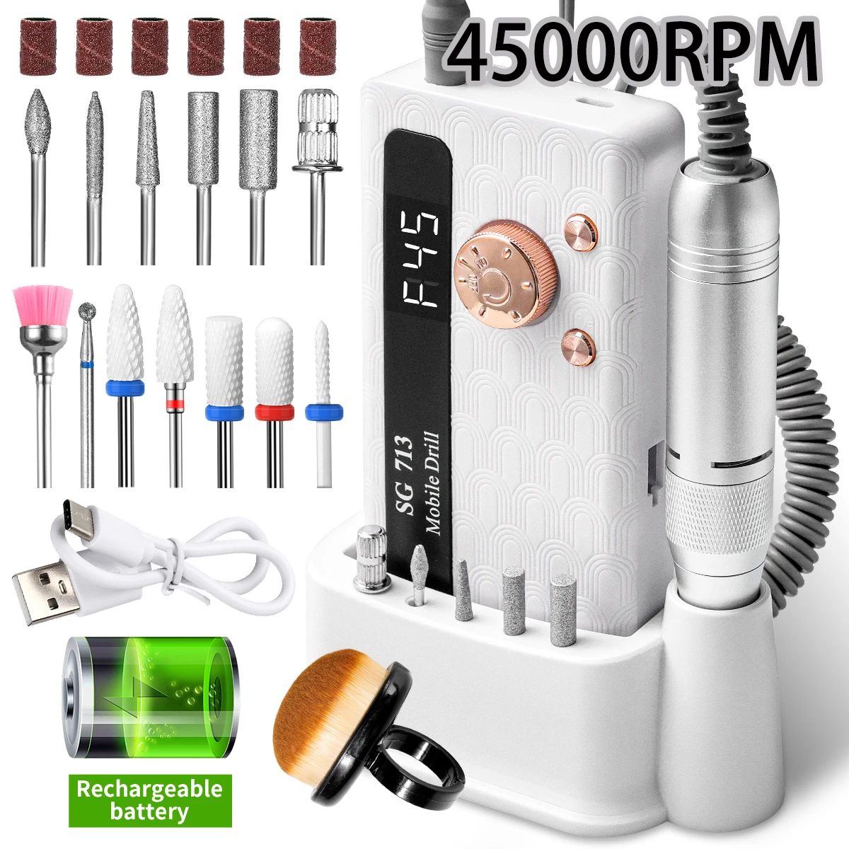 35000/45000 RPM Oplaadbare Nagelboormachine Professionele Draagbare Elektrische Manicure Bestand voor Nagels Gel Polish Verwijderen Slijpen