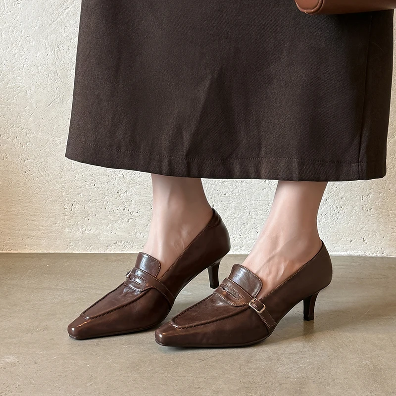 2027 New Autumn/Spring Women Pumps Cow Leahter Leather Women Shoes Pointed Toe Chunky Heel Shoes Slip-on Button High Heel Shoes