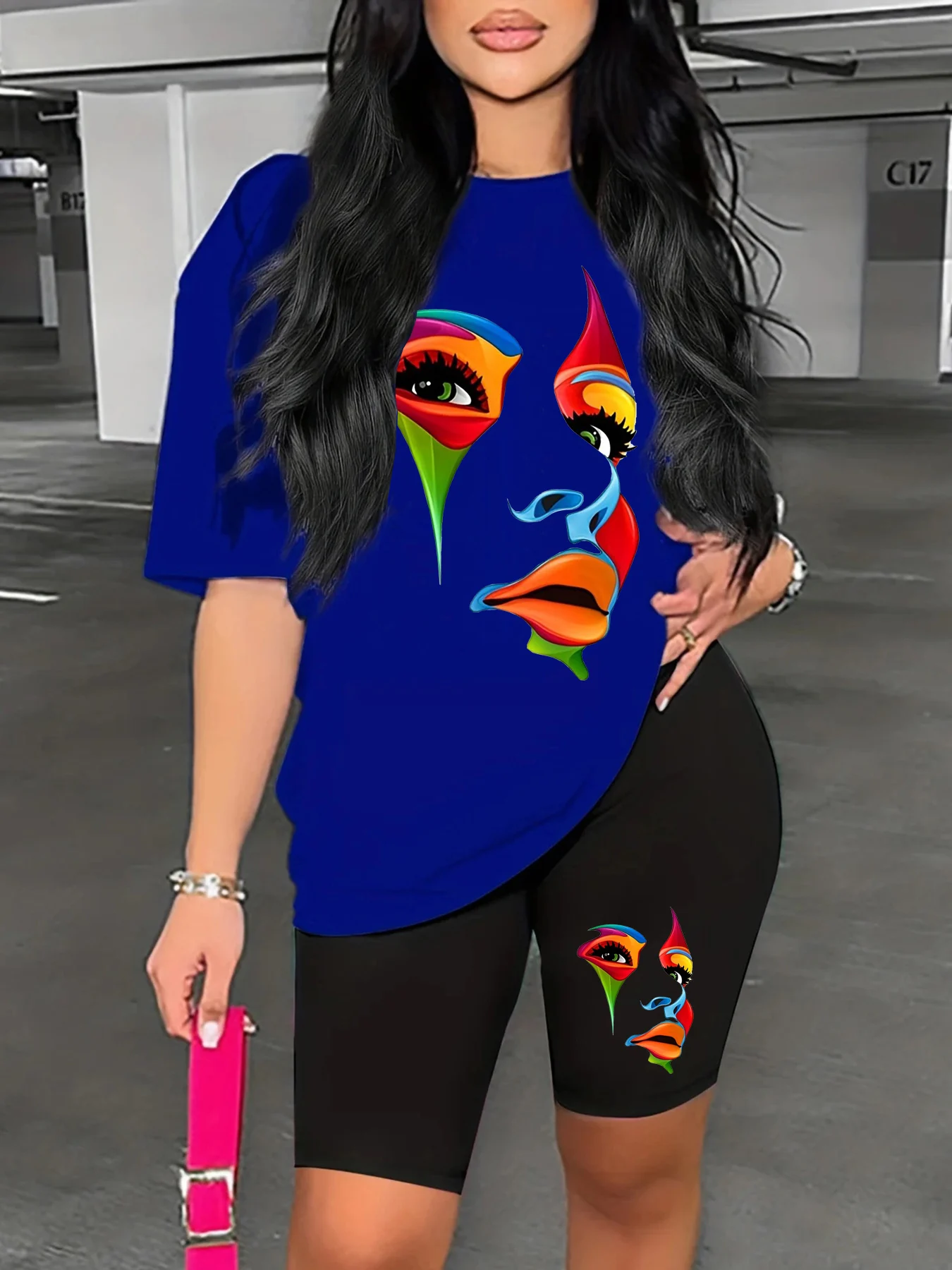 Women\'s summer casual loose fit large size Abstract Art Face print round neck short sleeved T-shirt+tight shorts two-piece set