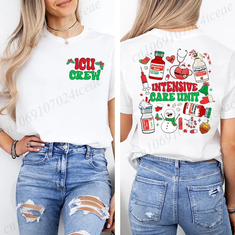 

Модные винтажные женские футболки в стиле ретро, футболки с принтом ICU Crew, футболки с рождественской тематикой для медсестры, топы, одежда, рубашка для интенсивного ухода