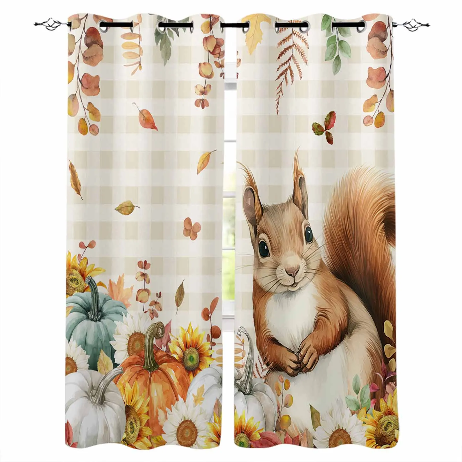 Thanksgiving Eucalyptus Leaf Pumpkin Sunflower Squirrel Blackout Curtains For Living Room Bedroom Window Treatment Blinds Drapes