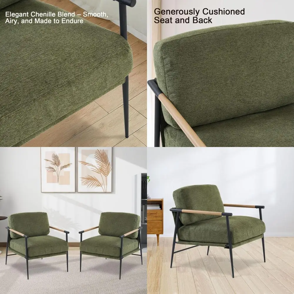 

Пара стульев с акцентом зеленого синели с мягкими подушками сидений для гостиных, гостиных и спален — металл деревянного тона