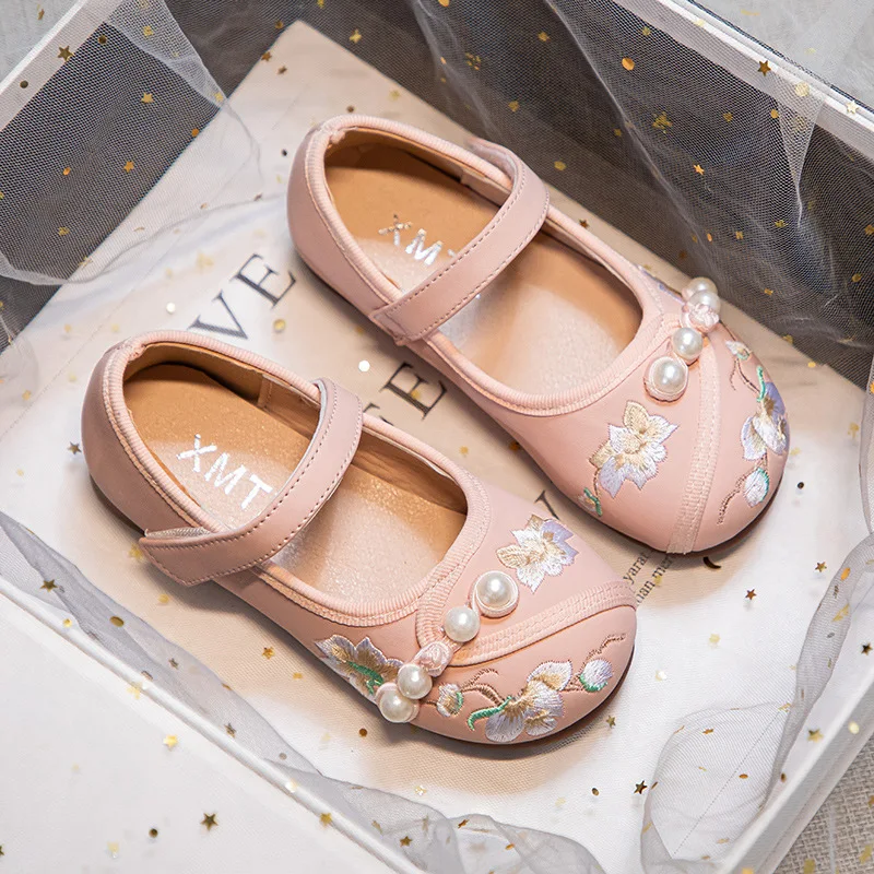 

New Spring Toddler Girls Shoes Kids Ancient Style Embroidered Princess Performance Children Shoes Chinese Style pu Leather Shoes
