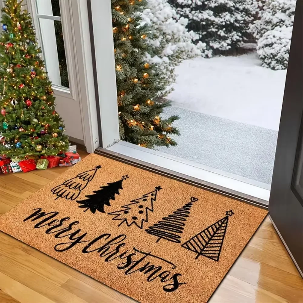 Merry Christmas Black Cedar Tree Gold Doormat Durable Machine Washable Rectangular Floor Mat for Indoor-Outdoor, Porch Decor