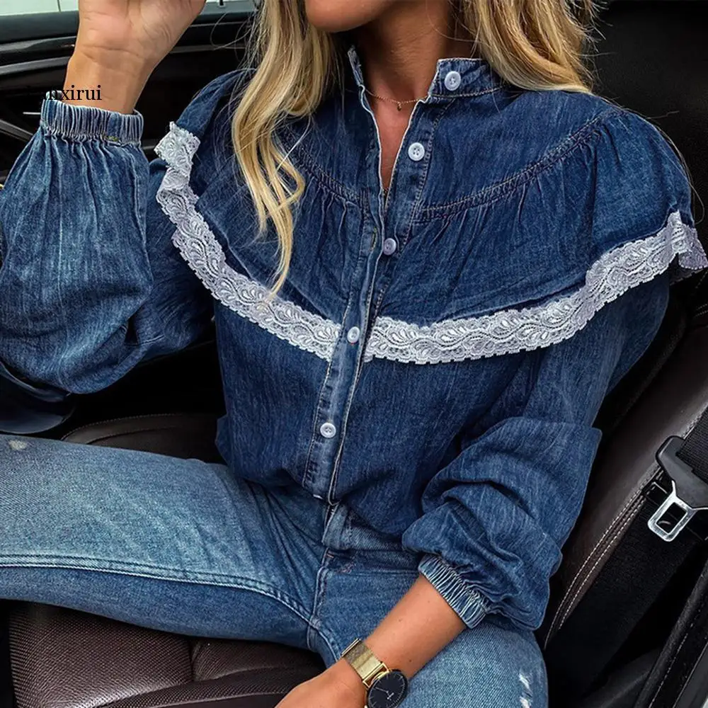 2022 Women Shirt Blouses Denim Fashion Lace Patchwork Chic Office Lady Stand Collar Long Sleeves 2022 Female Tops Shirts Urban