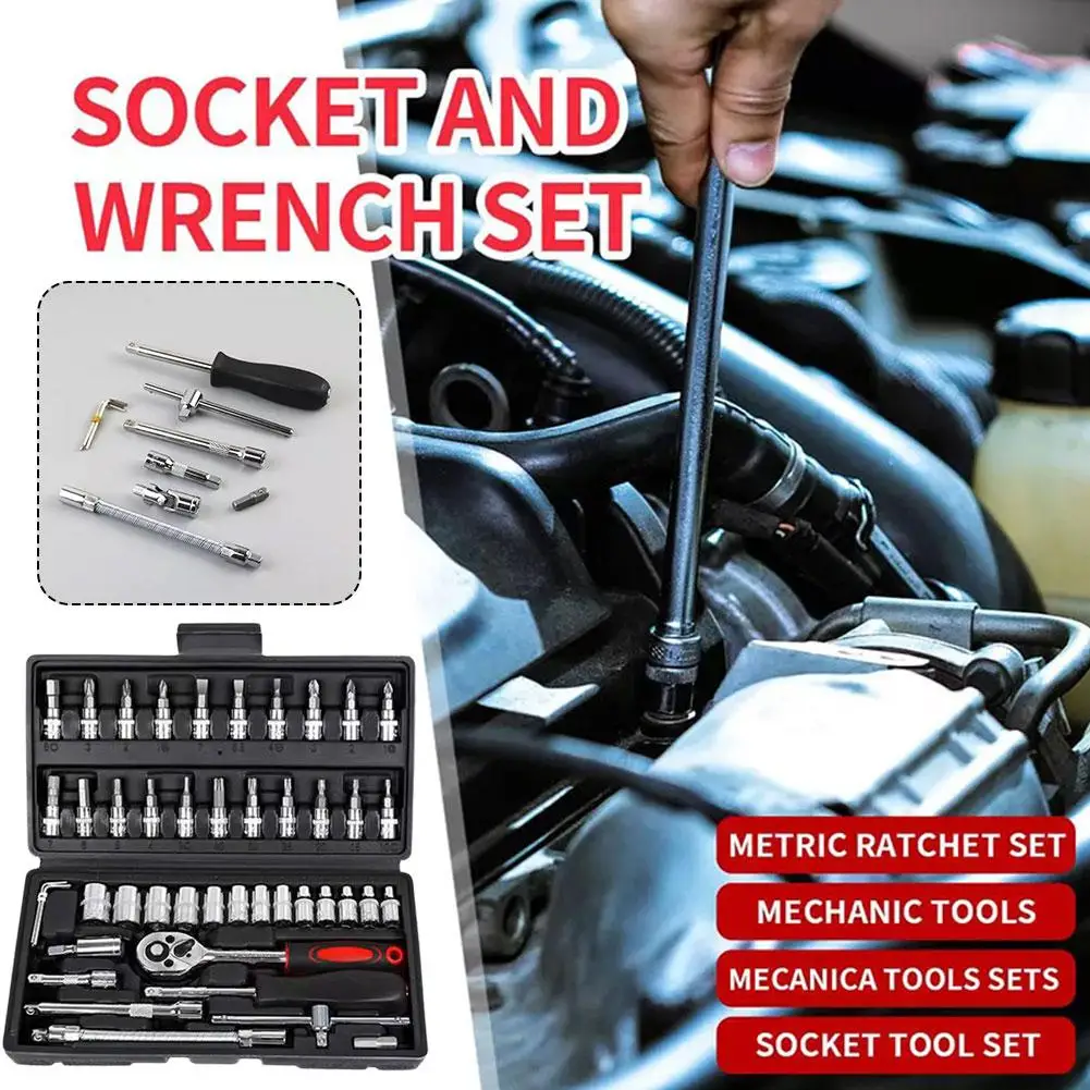 46pcs Car Repair Tool Kit 1/4-inch Socket Set Car Repair Repairing Tool Tool Combo Mechanic Torque Ratchet Wrench Set Auto G7s6