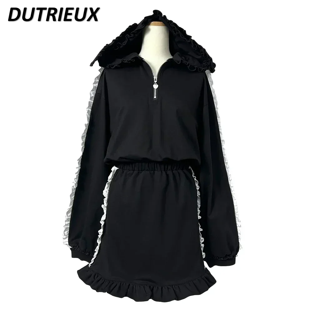 Japanese Sweet Cute Girls Sportswear Dress Rabbit Ears Hooded Fungus Edge Long Sleeve Elastic Waist Casual Solid Color Dresses