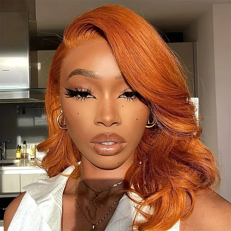 

13x4 200 Density Ginger Short Bob Body Wave Frontal Wigs Brazilian Remy Hair For Women HD Transparent Lace 100% Human Hair Wigs