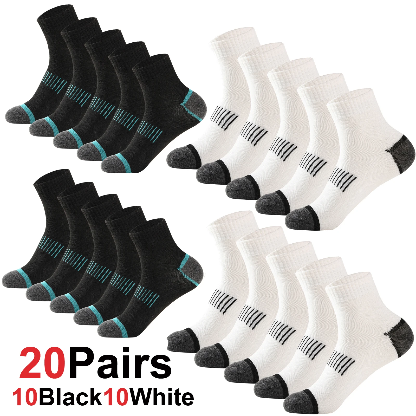 20 Paar Herren-Baumwollsocken-Set in großen Größen 38-45 – Lässige, atmungsaktive Sport- und Wintersocken in Schwarz – Bequeme, hochwertige gepolsterte Crew-Socken