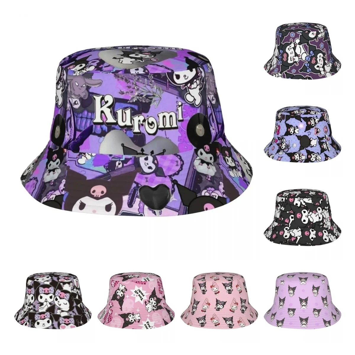 Kuromi Collage Bucket Hats Summer Travel Headwear Merch Kawaii Cartoon Fishing Caps for Camping Girl Ispoti Lightweight