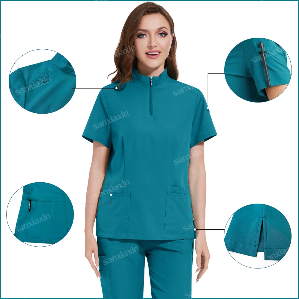 Uniformes médicos quirúrgicos para mujer, conjunto de ropa de trabajo para salón de belleza, blusa de enfermería con bolsillo y pantalones