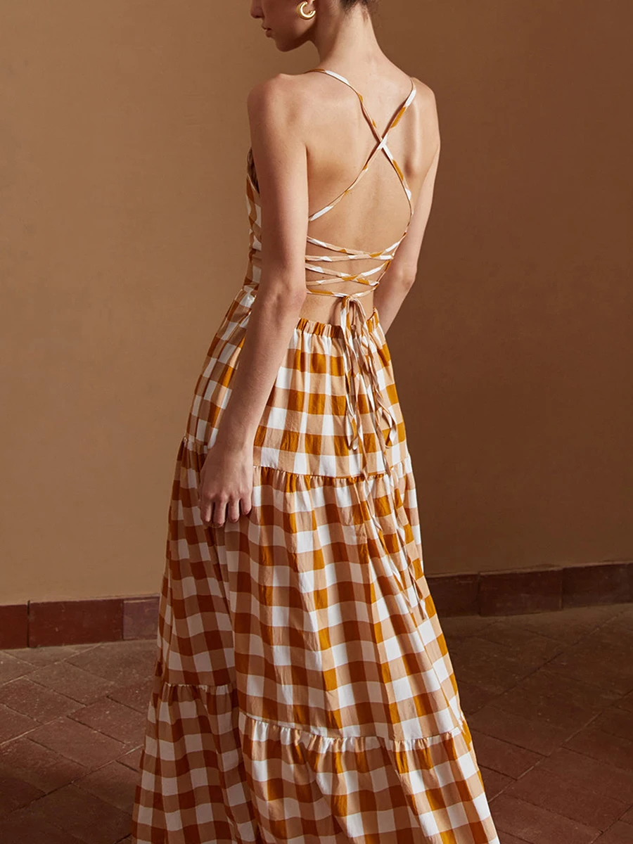 Abito lungo estivo da donna Cami Chic senza maniche aperto sul retro fasciatura incrociata Plaid Slip abiti da vacanza Maxi per la festa in spiaggia estetica