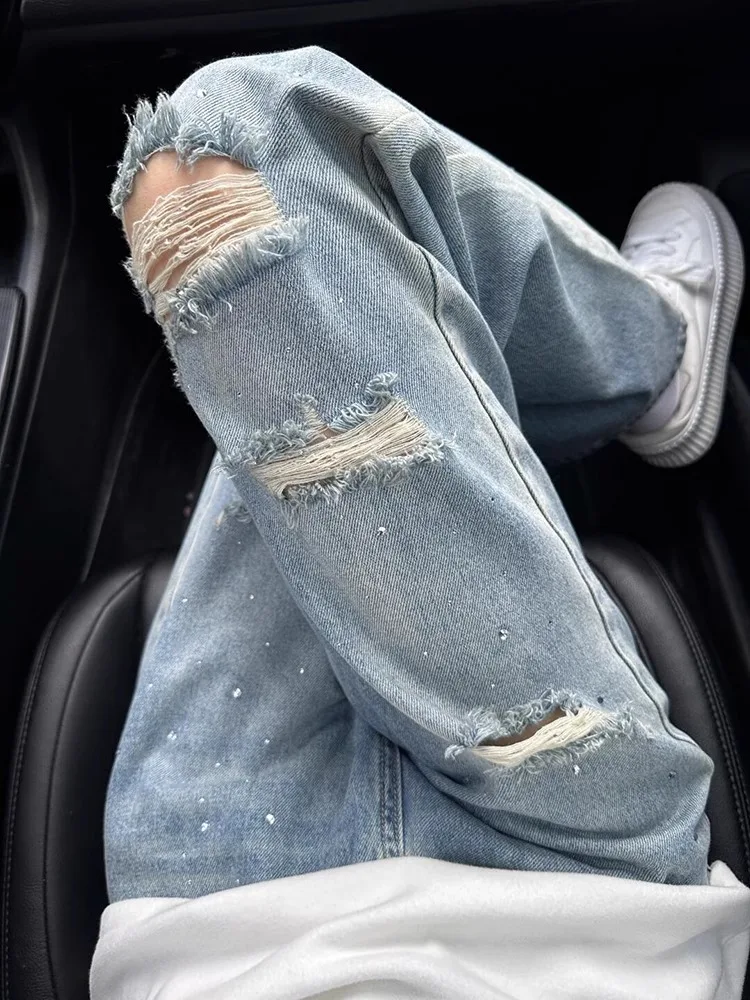 

Trendy American Retro Rhinestone Hole Jeans Men's Summer New Style Handsome Street Straight Casual Pants mid Waist Zipper