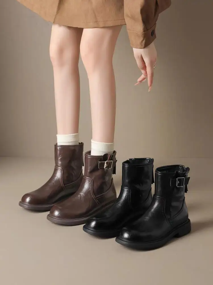 Damen Vintage Leder Stiefeletten Flache Ankle Boots Reißverschluss Hinten Schnalle Runde Spitze Bequeme Herbst Wanderschuhe Kurze Stiefel Weich Niedriger Absatz Retro Schnallenstiefel Freizeit – Detail 1