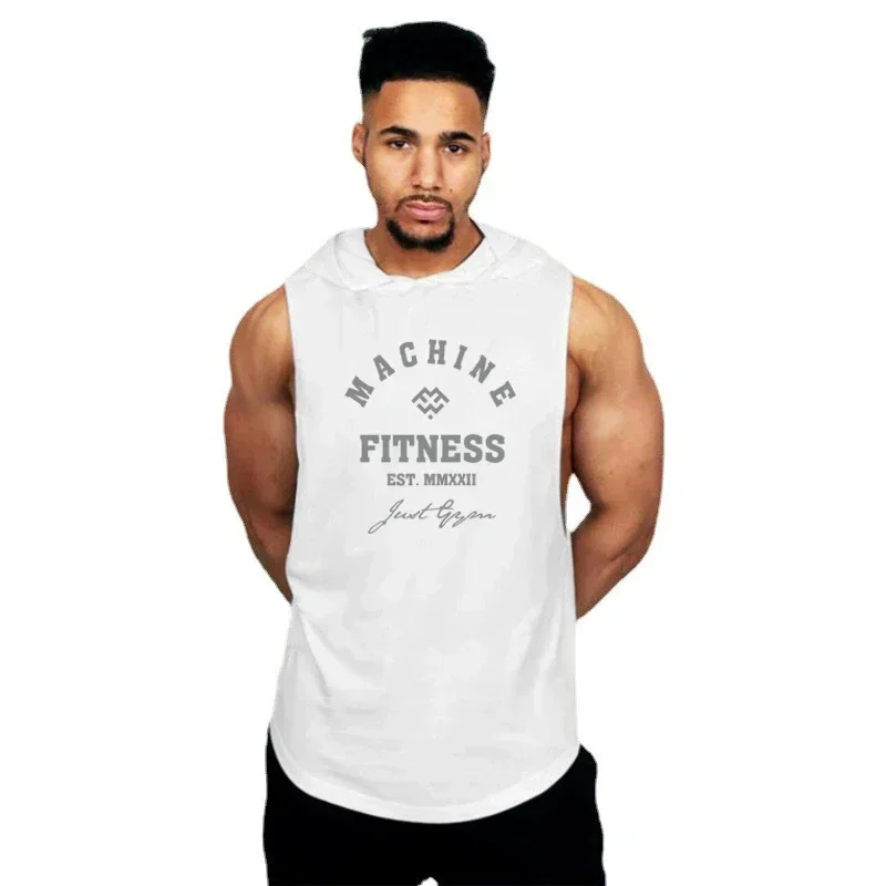 MACHINE FITNESS Mens Gym Hooded Tank Top Cotton Bodybuilding Clothing Summer Muscle Fit Sleeveless Hoodies Shirt Sports Singlets