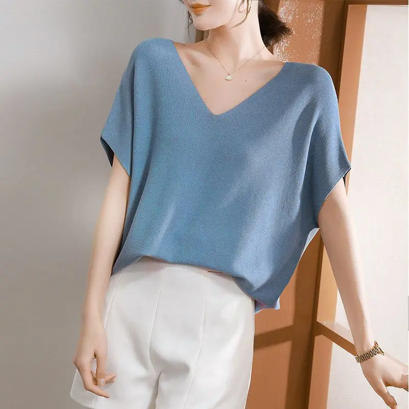 2023 Summer Solid Color Fashion Clothes Ladies V-neck Batwing Sleeve Pullover Tops Women Loose Elegant Knitting T-shirt