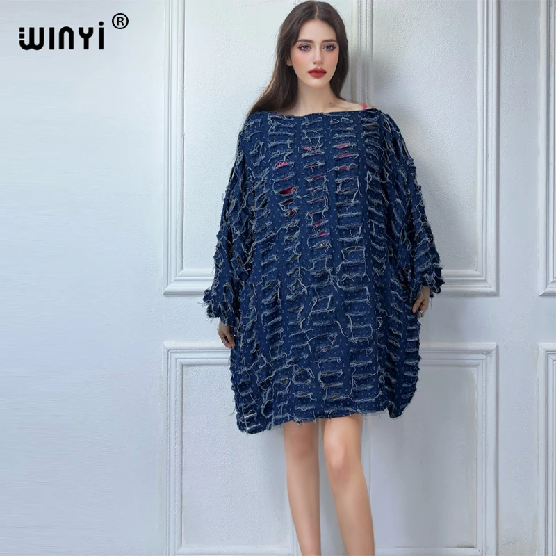 WINYI NEW Original Bubble sleeves Hole retro denim dress Fashion Africa Womens holiday Casual Maxi evening dress party dresses