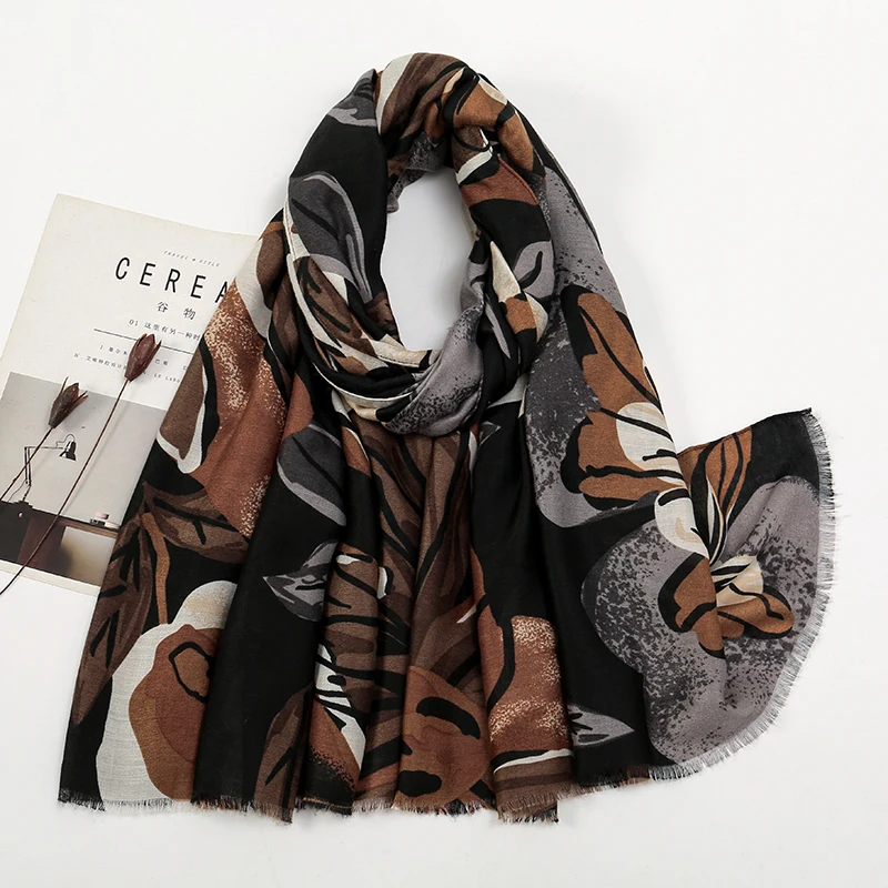 Printed Soft Linen Cotton Scarf Shawls Women Fashion Long Floral Tassel Scarfs Travel Foulard Femme Hijab Cartoon Cat Stoles