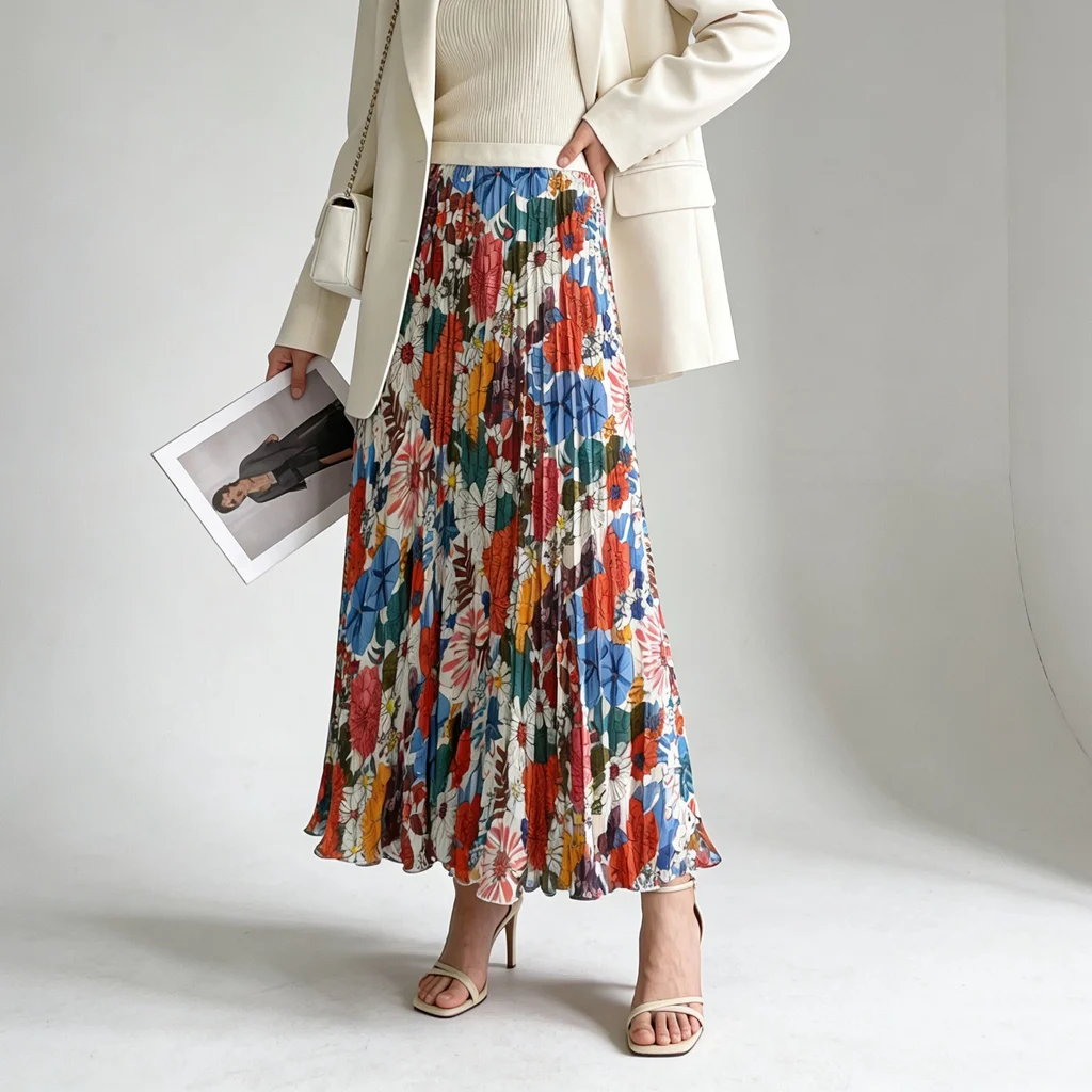 

Новая женская длинная плиссированная юбка в цветочек с полосками, летняя, на резинке, с высокой талией, элегантная, для офиса, для работы, для вечеринок, пляжная, макси
