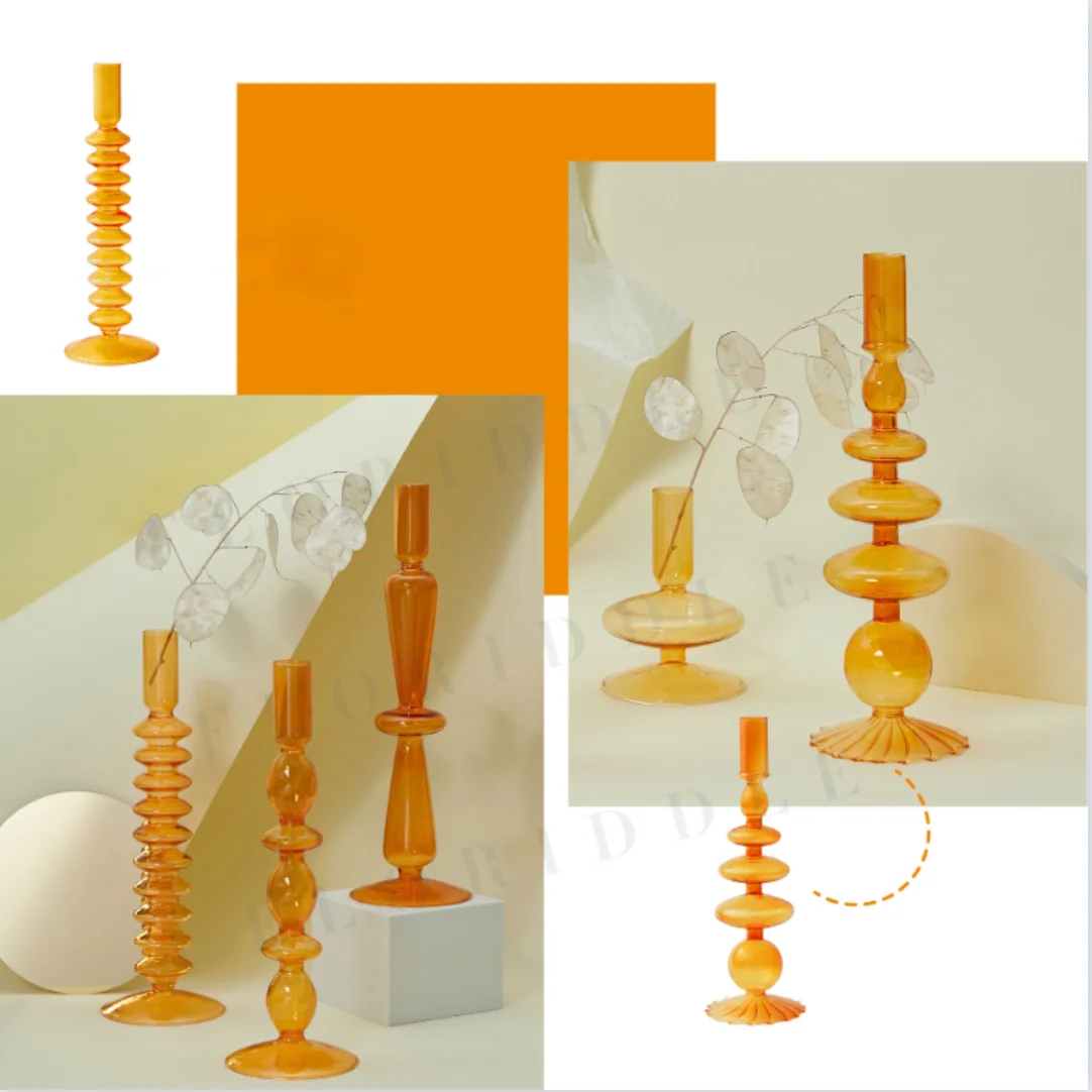 Nordic Retro Orange Glass Candleholder Creative Home Decor Wedding Party Dinner Candlelight Decoration Living Room