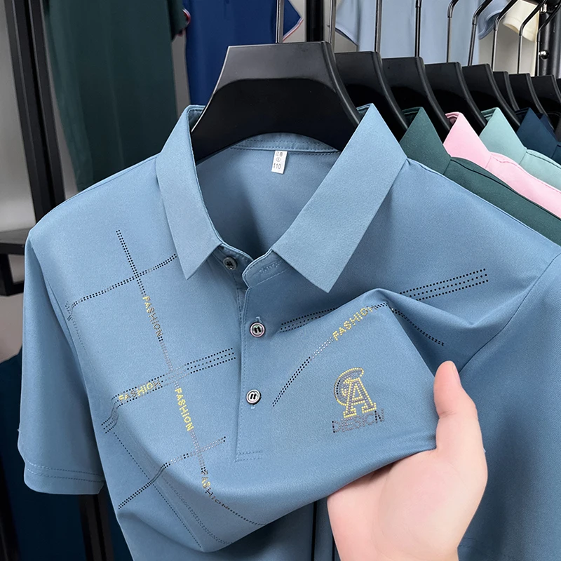 

Высококачественные бренды ледяной шелк рубашка с короткими рукавами polo мужская индивидуальность буквы тиснение летние прохладные воздухопроницаемые модные отдых футболки
