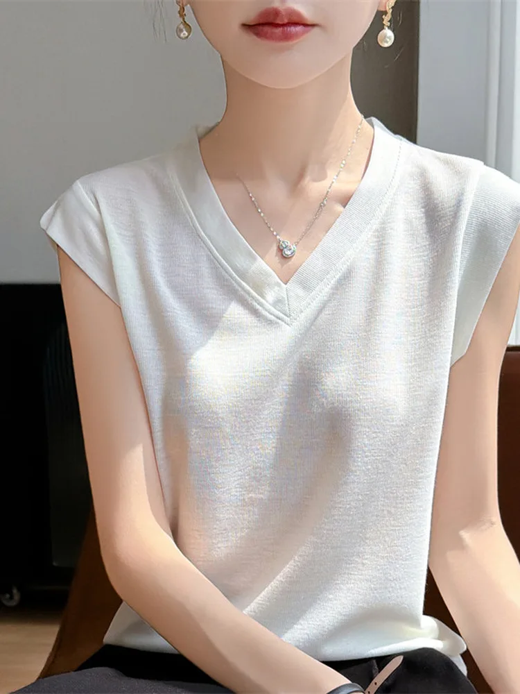 Spring Summer 2026 V-Neck Short Sleeve Knitted Top Women's Breathable Comfortable Lenzing Fabric Pullover Style Fashionable