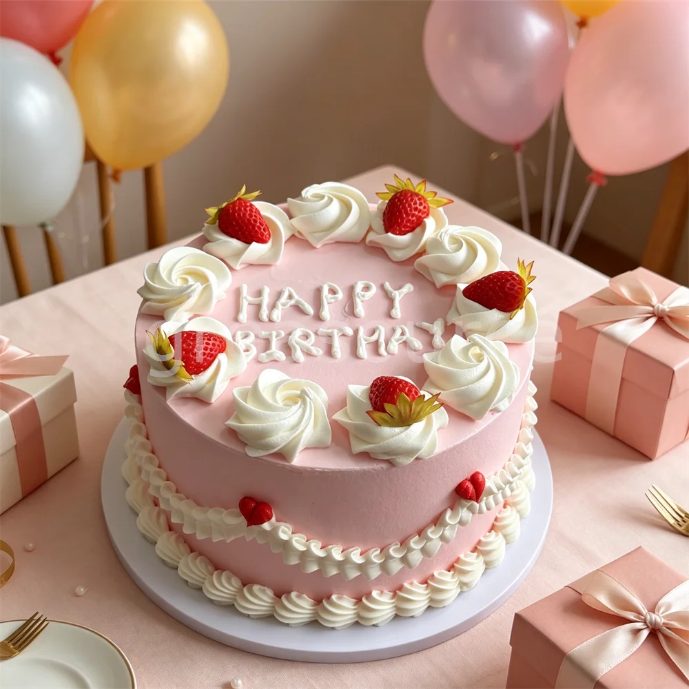 

8inch Pink Plastic Artificial Birthday Cake Model Classic Strawberry Cream Smooth Pink Whipped Swirls Topping Fake Dessert Cute