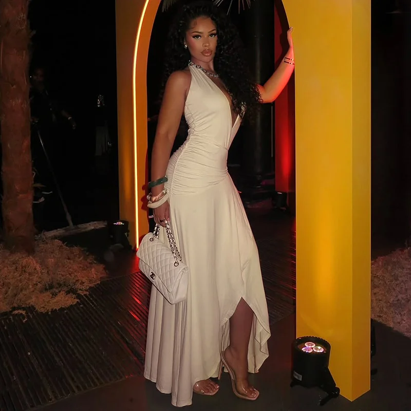 Elegante abito da festa di compleanno per le donne Halter profondo scollo a V Backless orlo irregolare Slim Fit Mesh Patchwork stile vacanza Look nuovo