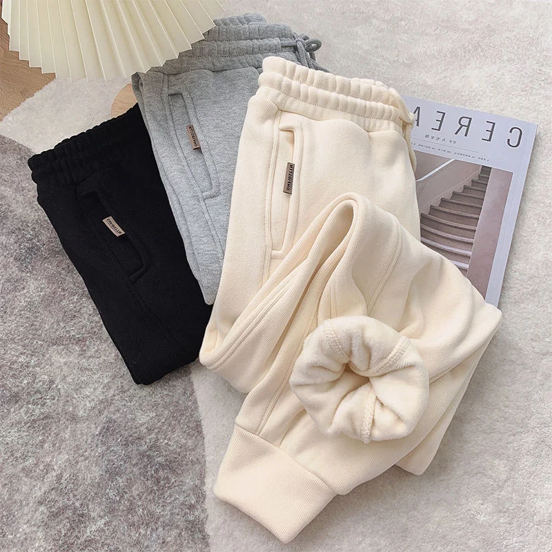 

plus Size Women's Fce Lined Sports Harlan Pants Loose Casual Wide Leg Pants Autumn Winter Thiened High Waist Korean Sle