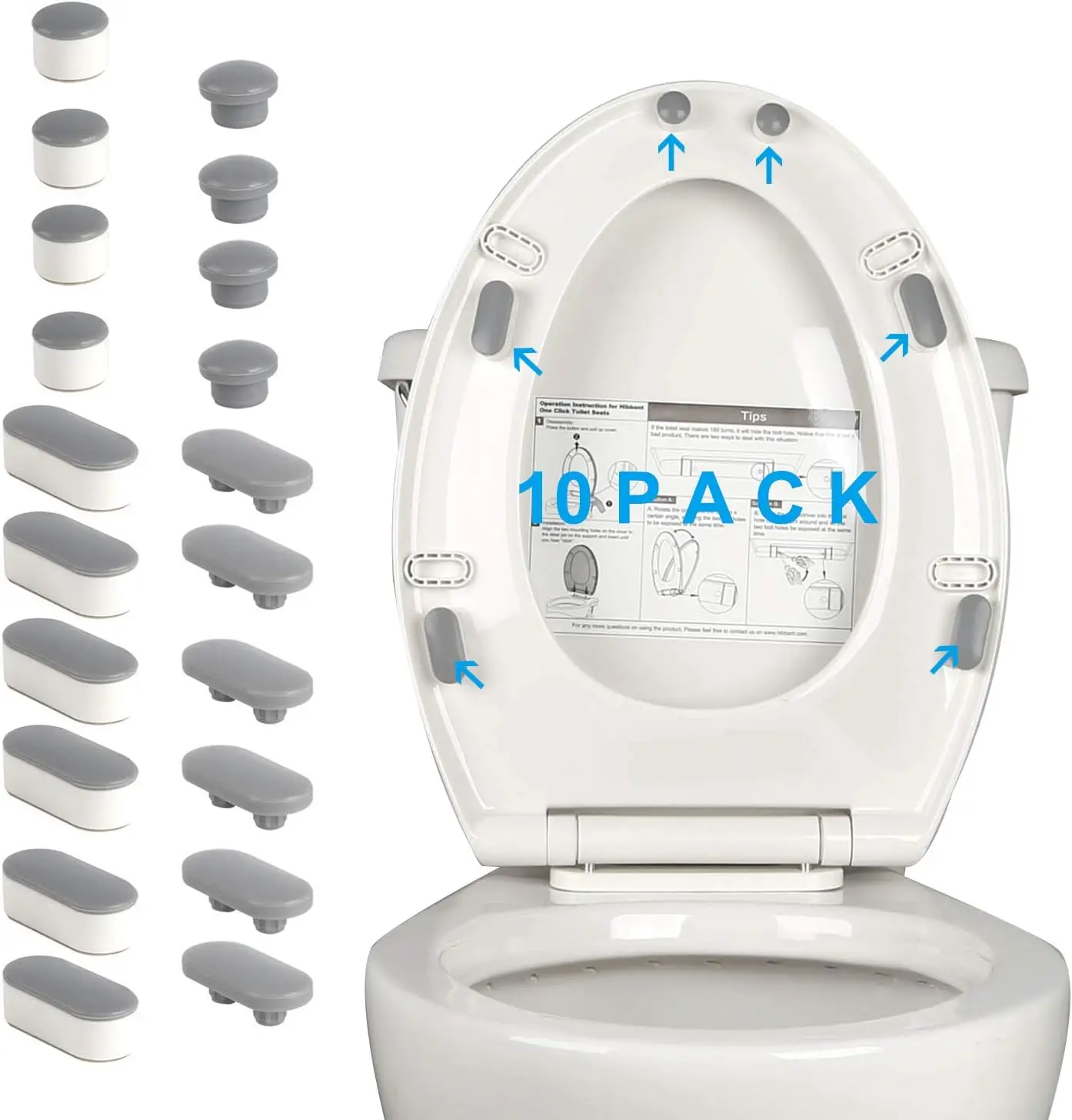 

10-Piece Universal Toilet Seat Bumpers with 2 Thickness TPE Pads, Strong Adhesive for Home Use