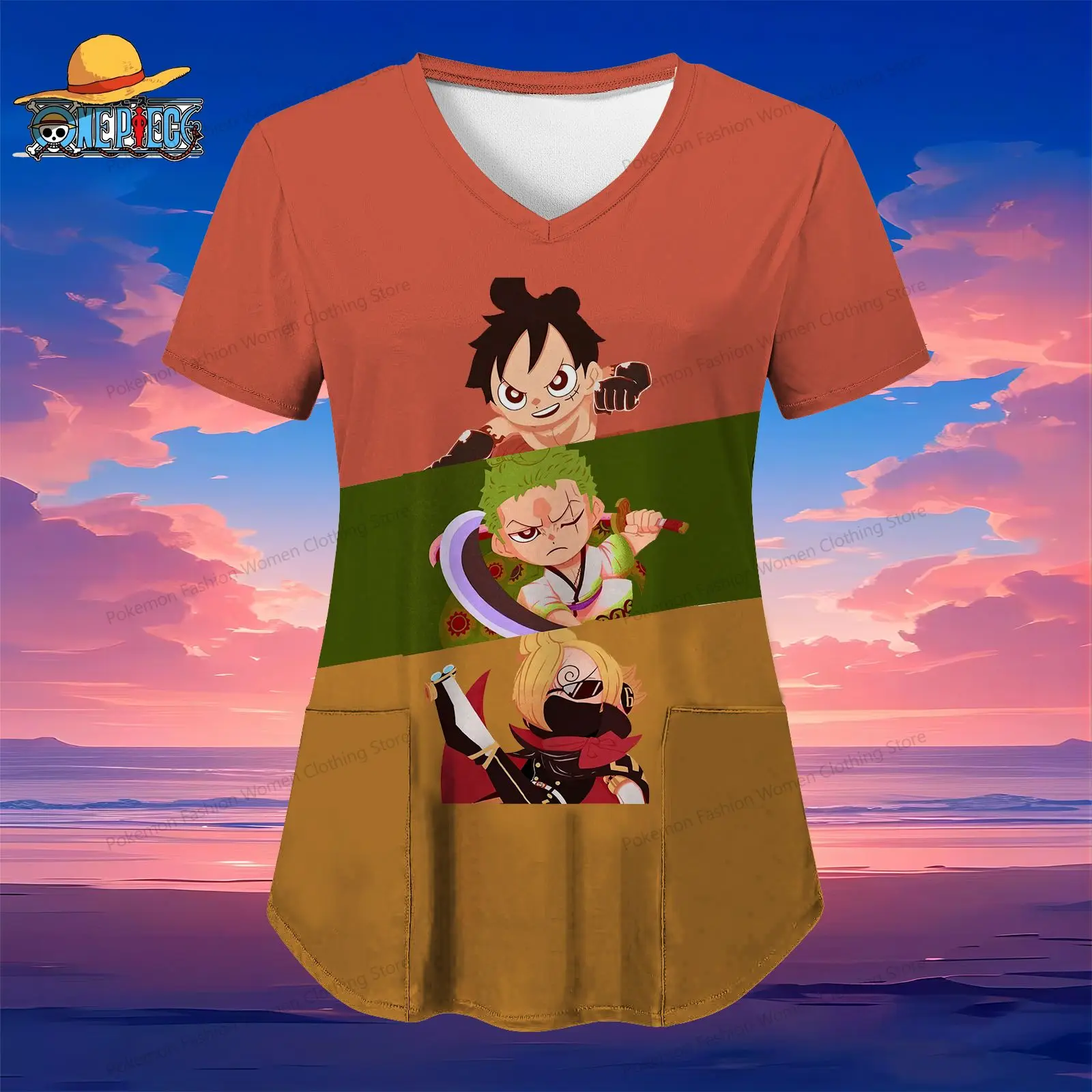 

Luffy One Piece Pocket Women's V Neck Nurse Uniform T-Shirt Street Wear Y2k Tops Summer Anime Woman Clothing S-2XL 2024 Kawaii