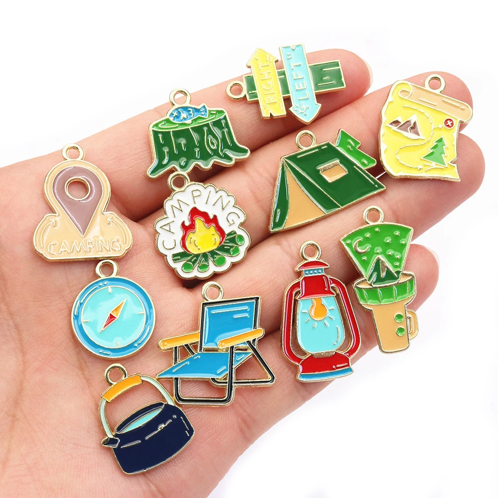 10pcs Enamel Outdoor Camping Charms Pendants Tent Campfire Map Compass Alloy Findings DIY for Jewelry Making Accessories