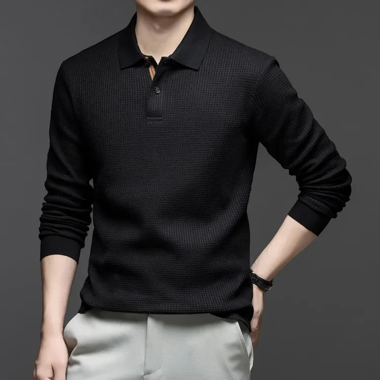 Langarm-Poloshirt aus Waffelstrick – Weiche Baumwollmischung, Slim Fit, Lässiges Business-Oberteil für Herbst und Winter, Mehrfarbig – Detail 17