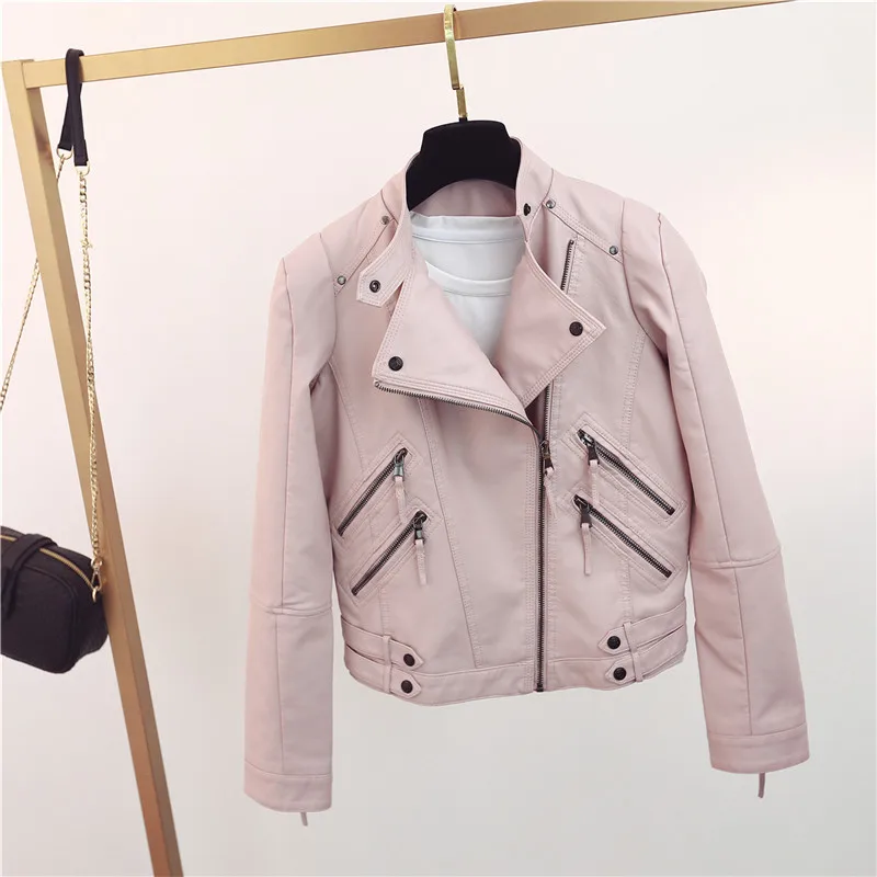 Cappotto moto in pelle lavata PU per donna, collo alto, vestibilità Slim, cerniera, Versatile, nuovo, acquisto 2024, autunno