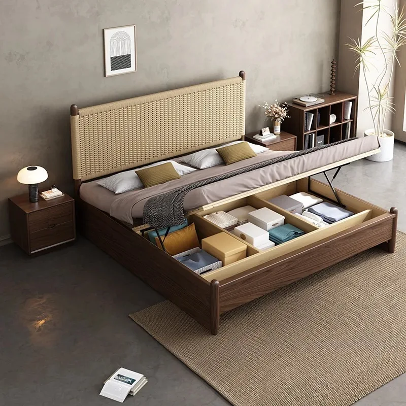 Nordic solid wood bed 1.8 meters double bed, upgraded silent bed board creative braided rope bed small apartment 1.5 meters sing