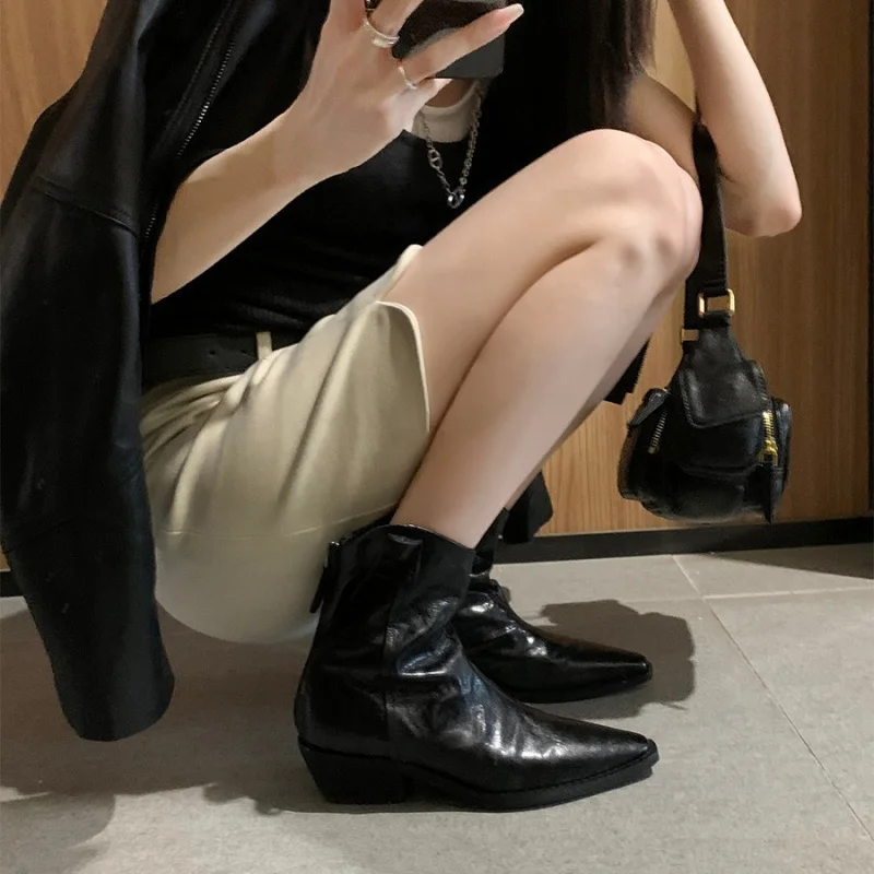 

2025 Fashion Pointed Toe Modern Ladies Short Boots Shoes Female Square Heels Women Ankle Stretch Boots Zippers Shoes Pumps 35-42