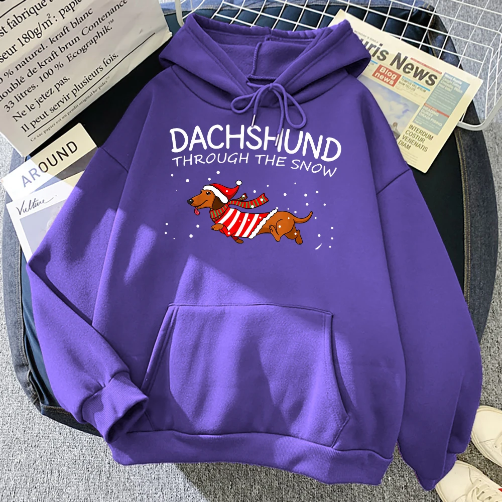 Dachshund Through The Snow Funny Dog Christmas Men Sweatshirt Creative Cute Oversize Clothes Autumn Fleece Pollover Mans Hoodies