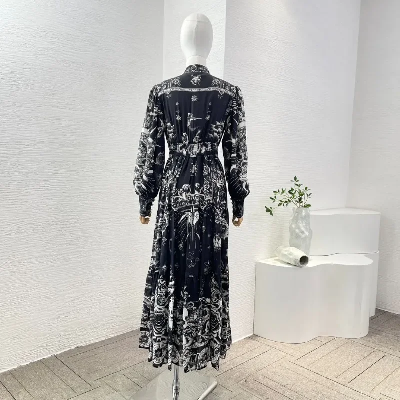 Women's Midi Dress Black Long Sleeve Stand Collar Floral Print Pleat Diamonds High Quality for 2024 New Arrivals Holiday Dresses