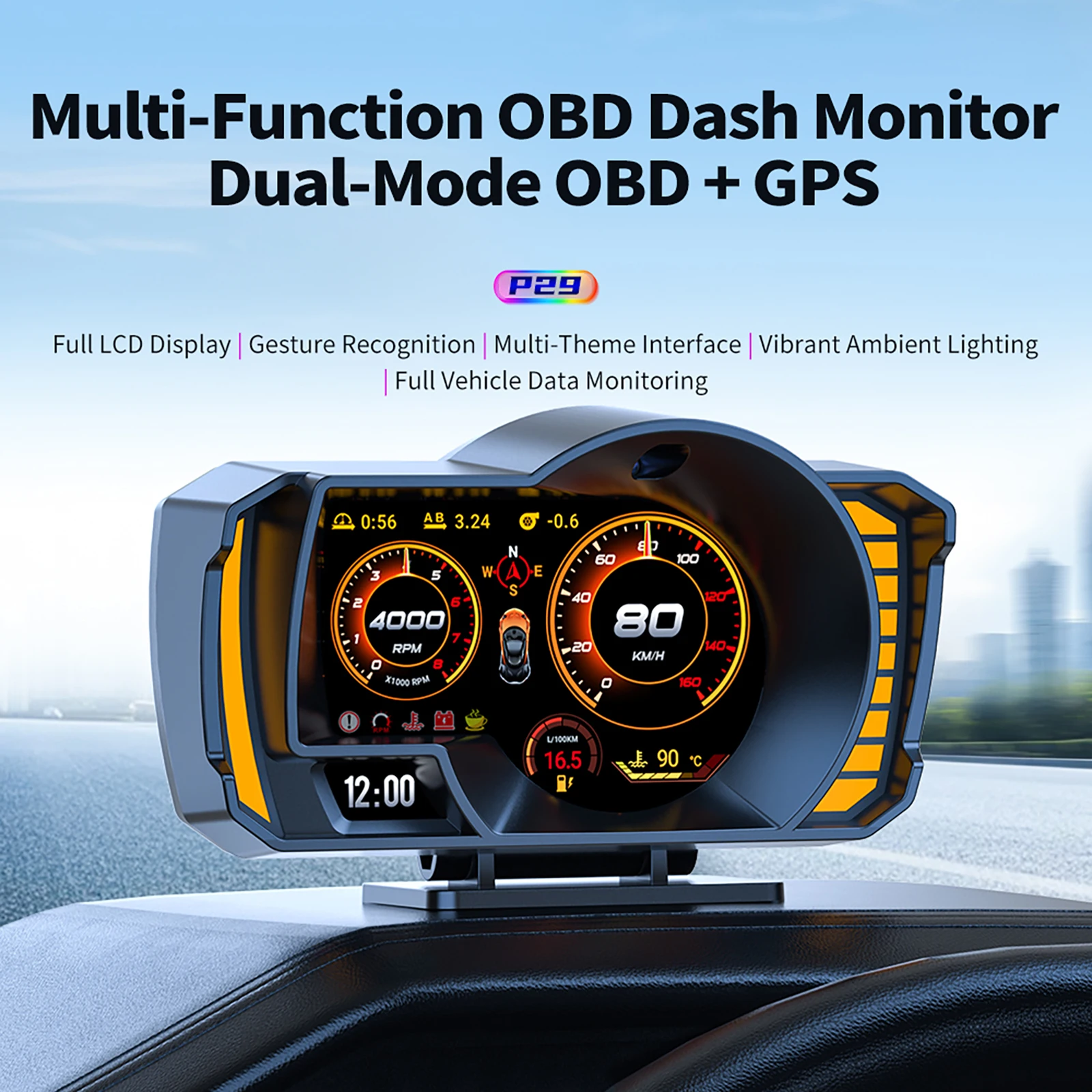 Gesture Switching Interface Intelligent Driving Computer Car HUD Head Up Display GPS+OBD Dual System LCD Screen Car Display
