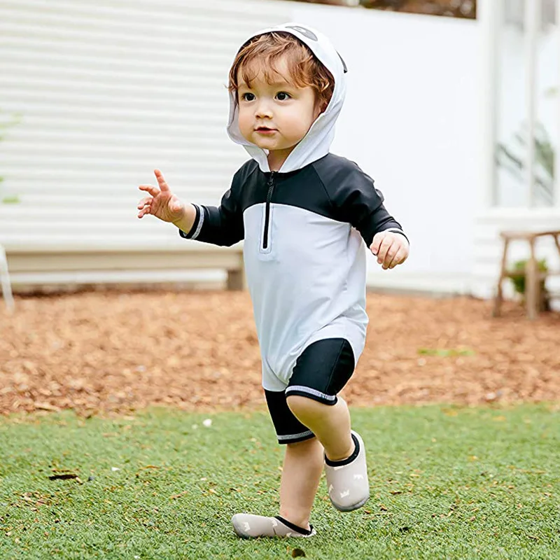 Cute Panda Style 1-7Y Baby Children One Piece Swimwear Swimsuit Hoodie Boys Girls Long Sleeve Sunscreen Beach Wear Bathing Suit